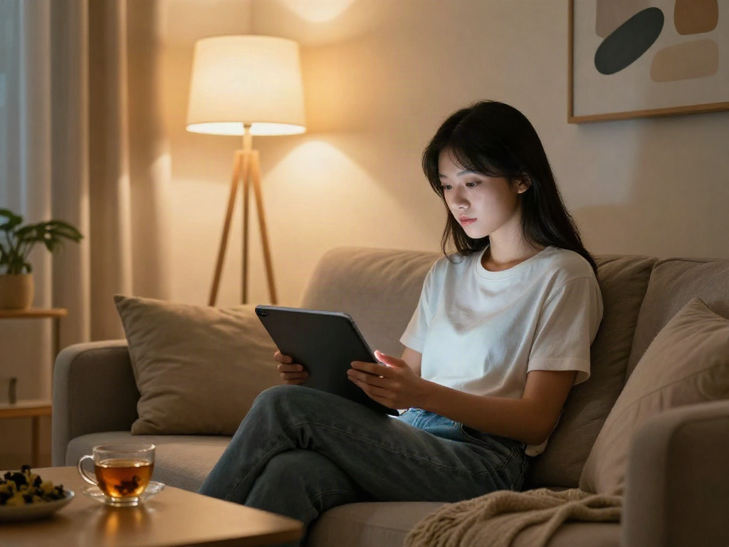 Engaging in sex chat ai on a tablet in a cozy living room environment