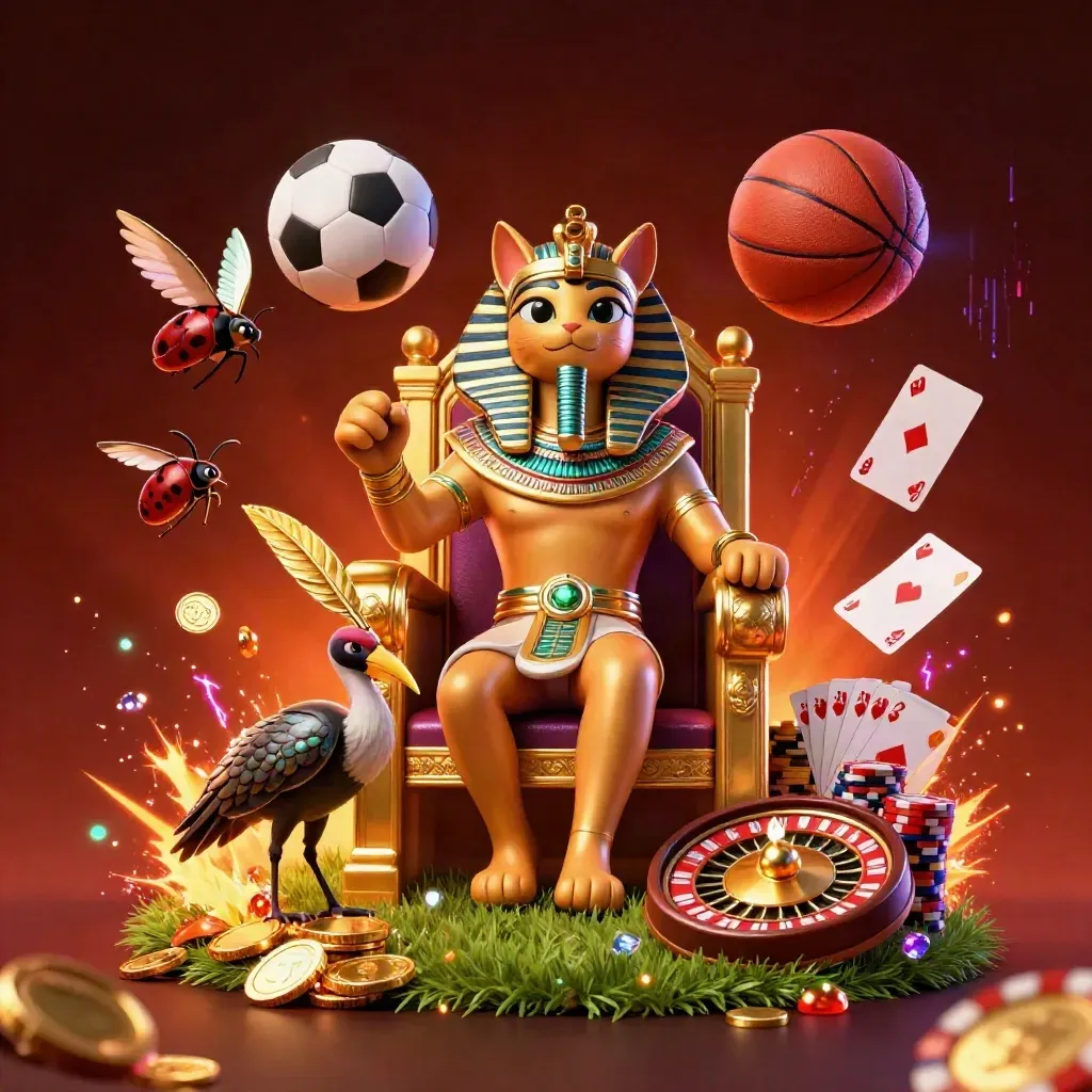 Pharaoh cat, ibis scribe and scarabs amid casino tokens, soccer ball and basketball, fiery glow.