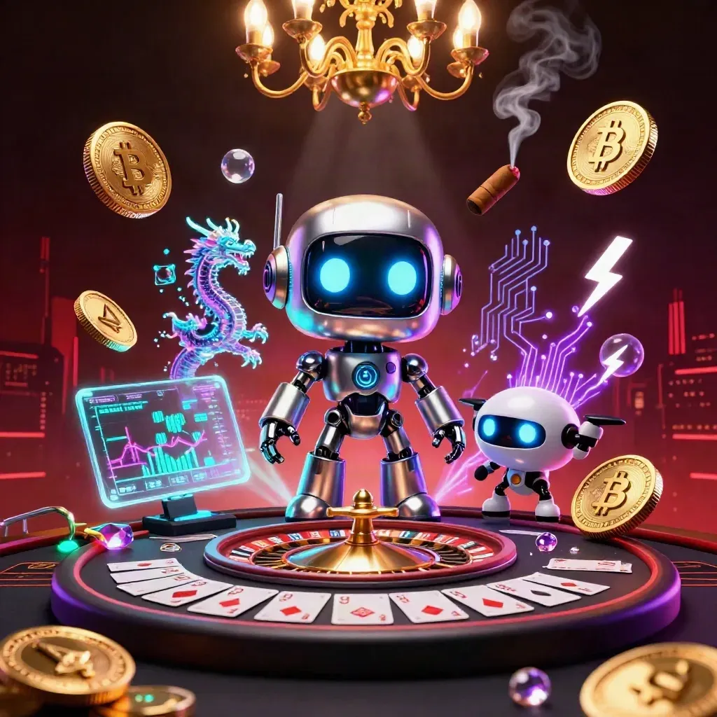 Cyberpunk robot, holographic dragon and coin drone in luxe casino light with gold coins.