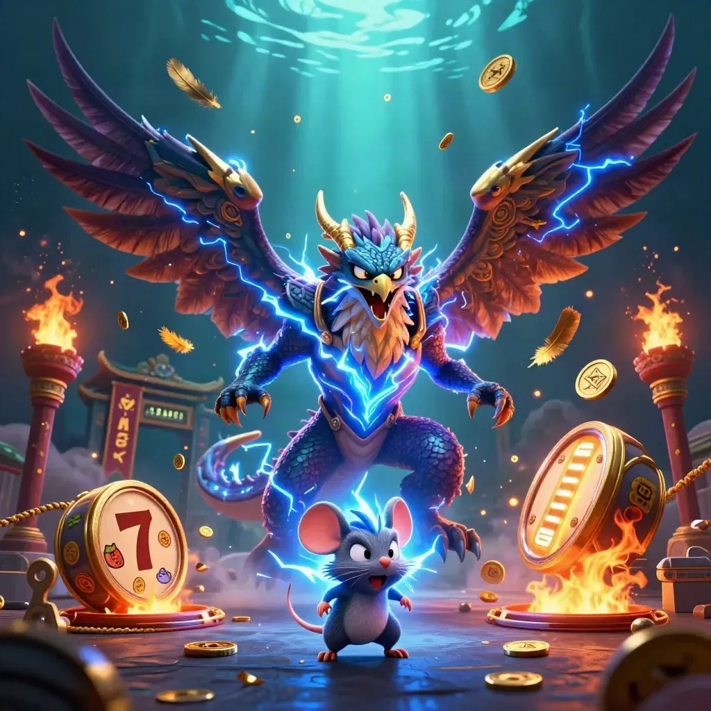 Thunder dragon, wind hawk and crackling mouse burst with gold sparks in luxe casino fantasy.
