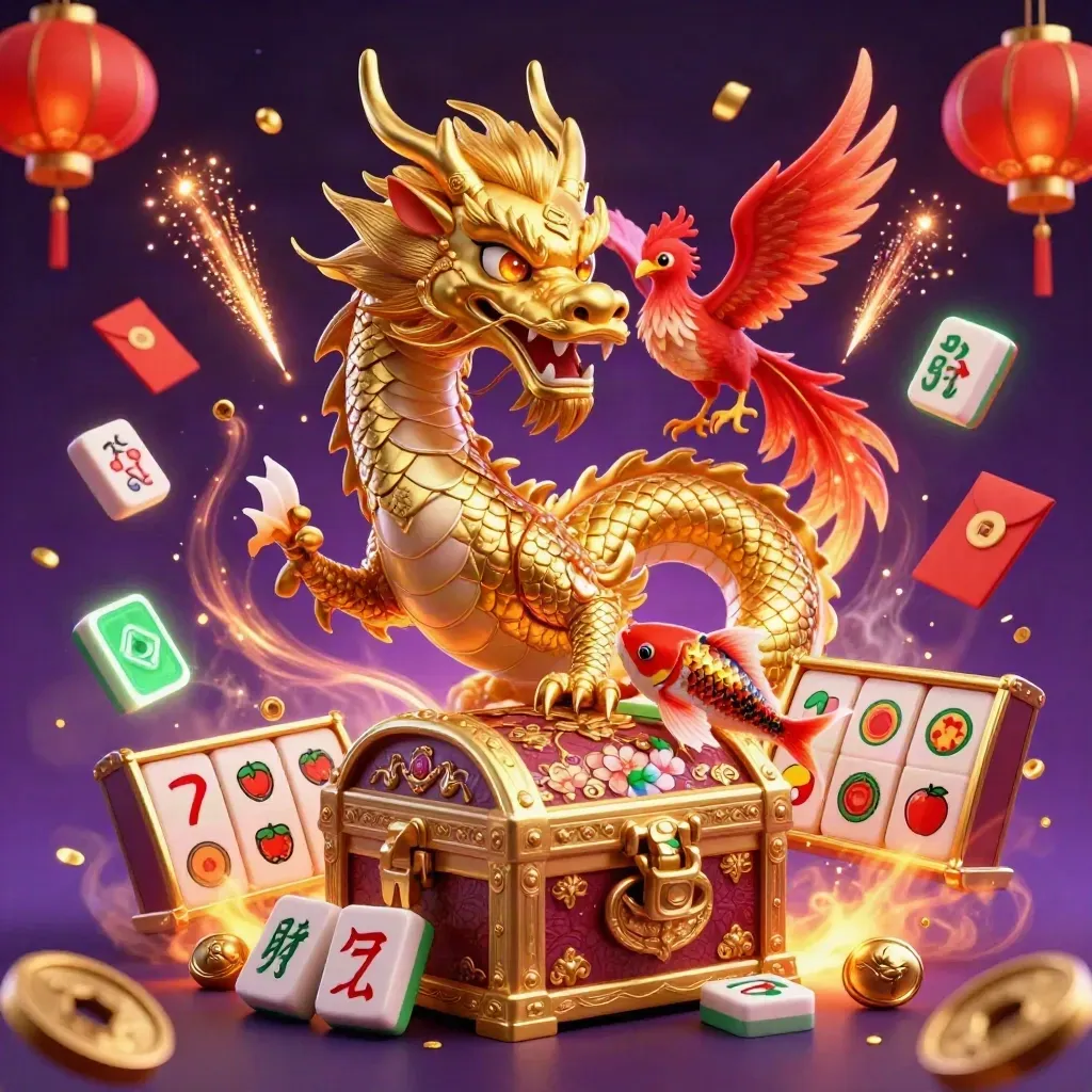 Golden dragon, red phoenix and koi burst amid casino treasures in emerald neon.