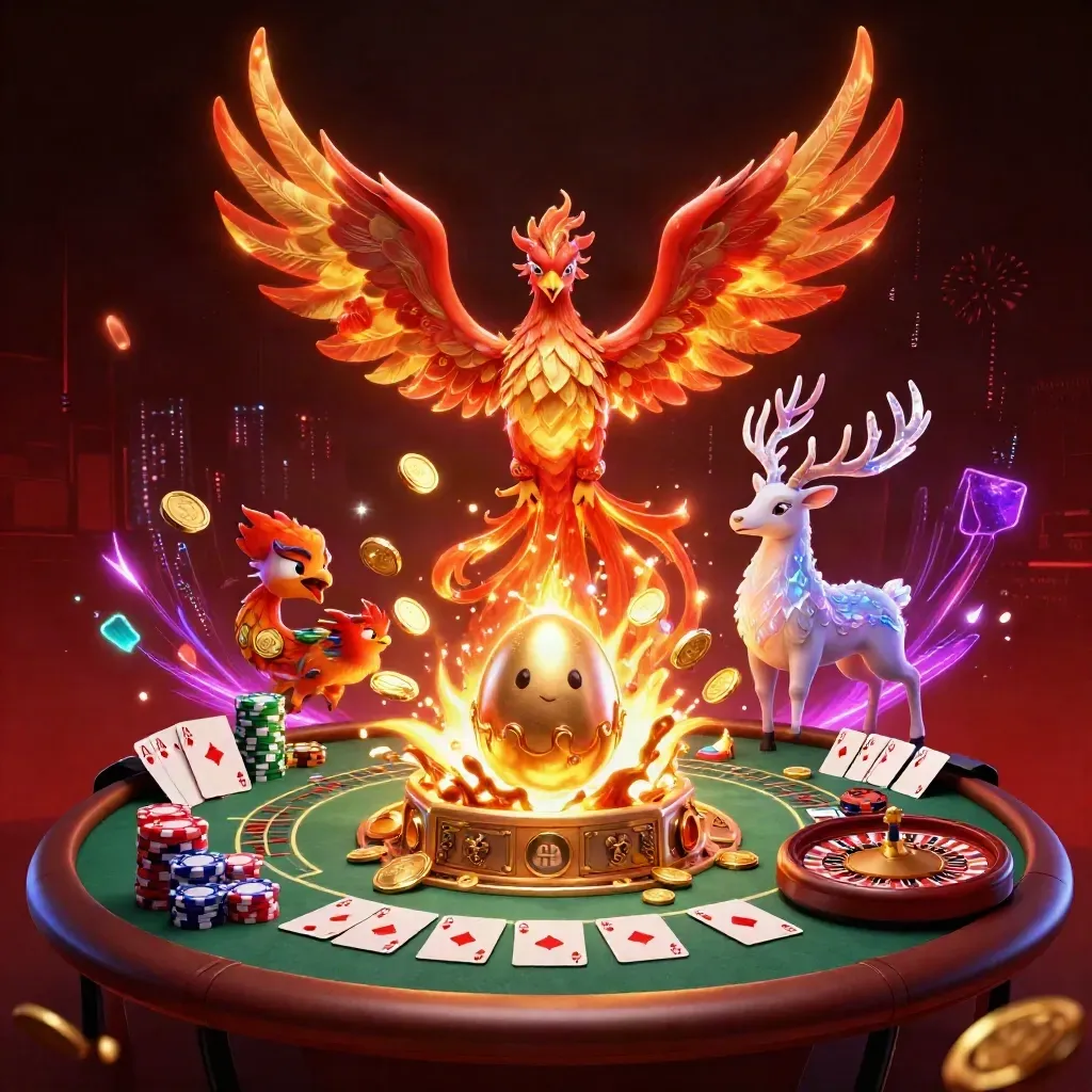 Phoenix, baby phoenix, and crystalline stag amid casino coins, chips, cards, fireworks, and neon energy.