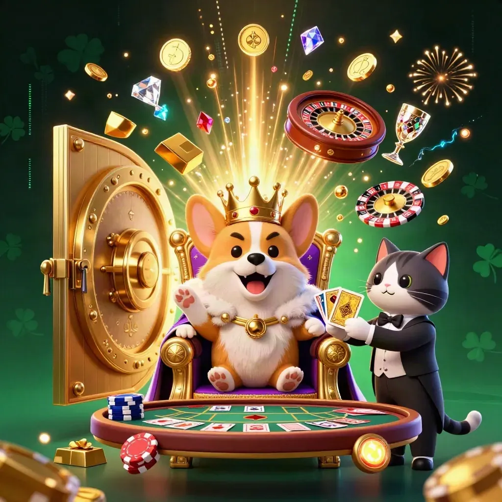 Royal corgi and cat butler amid bursting vault gold, gems, fireworks, and casino tables