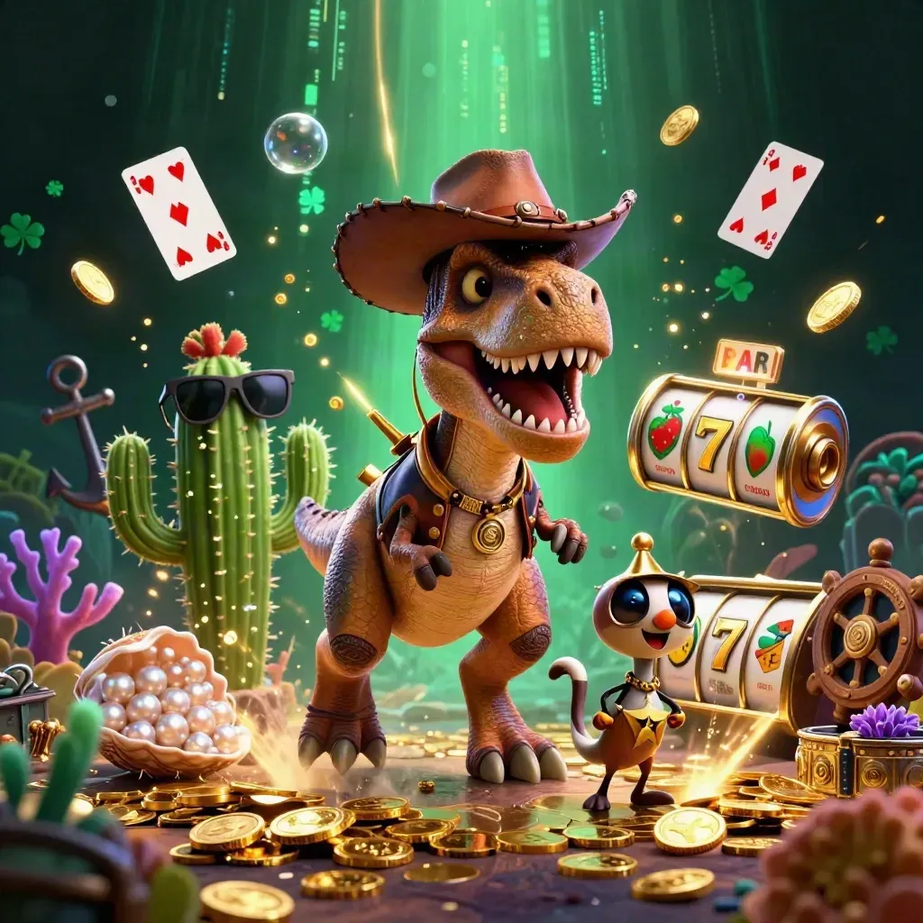Cowboy T-Rex, cactus sidekick, and roadrunner amid casino treasure, neon streaks, emerald-black glamour.